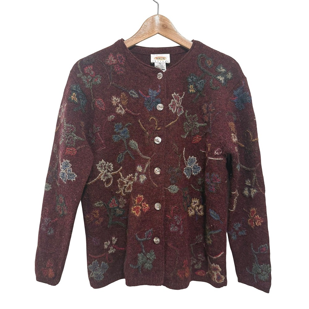 Talbots Petites Wool Cardigan PS Burgundy Floral Embroidered 90s Hong Kong